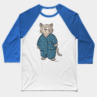 Cat Wearing Blue Fish Pattern Pajamas Baseball T-Shirt